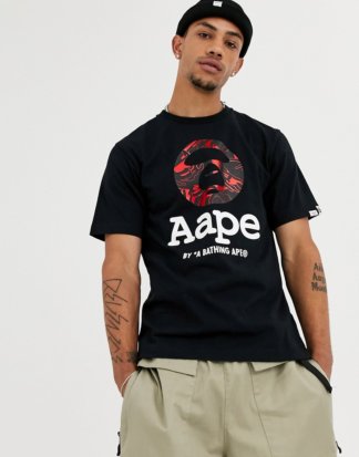 AAPE By A Bathing Ape - Schwarzes T-Shirt mit rotem Folienprint