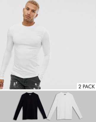 ASOS DESIGN - 2er Packung langärmlige Muskel-T-Shirts mit Rundhalsausschnitt - SPAREN MIT MULTIPACK!-Mehrfarbig