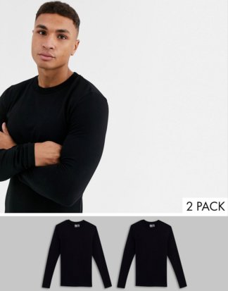 ASOS DESIGN - 2er Packung langärmlige Muskel-T-Shirts mit Rundhalsausschnitt - SPAREN MIT MULTIPACK!-Schwarz