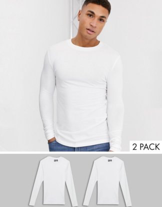 ASOS DESIGN - 2er Packung langärmlige Muskel-T-Shirts mit Rundhalsausschnitt - SPAREN MIT MULTIPACK!-Weiß