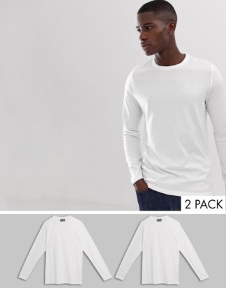 ASOS DESIGN - 2er Packung langärmlige Shirts aus Bio-Baumwolle mit Rundhalsausschnitt - SPARPREIS!-Weiß