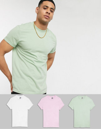 ASOS DESIGN - 3er Packung T-Shirts mit Rundhalsausschnitt und Rollärmeln - SPAREN!-Mehrfarbig
