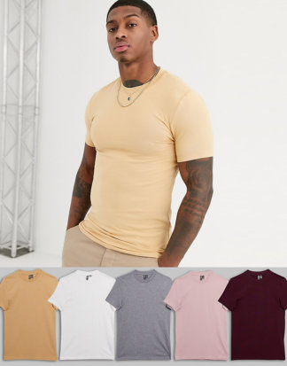 ASOS DESIGN - 5er Packung Muskel-T-Shirts aus Bio-Baumwolle mit Rundhalsausschnitt - JETZT SPAREN!-Mehrfarbig