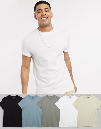 ASOS DESIGN - 5er Packung T-Shirts mit Rundhalsausschnitt und Rollärmeln - SPAREN!-Mehrfarbig