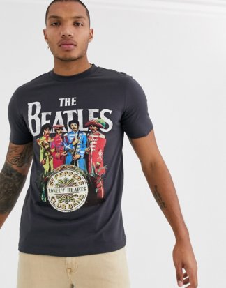 ASOS DESIGN - Beatles - T-Shirt mit großem Aufdruck auf der Brust-Grau