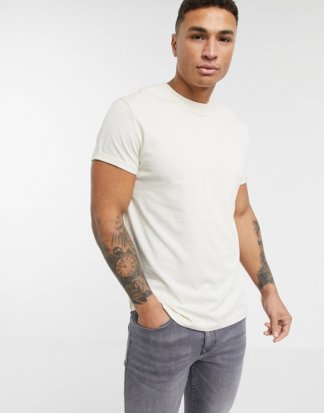 ASOS DESIGN - Beiges T-Shirt mit Rundhalsausschnitt und Rollärmeln