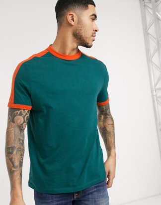 ASOS DESIGN - Blaugrünes T-Shirt aus Bio-Baumwolle mit kontrastierendem Schultereinsatz
