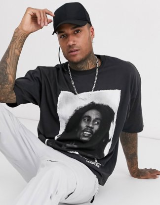 ASOS DESIGN - Bob Marley - Schweres Oversize-T-Shirt in verwaschenem Schwarz