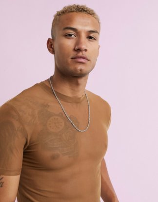 ASOS DESIGN - Braunes T-Shirt aus feinem Netzstoff
