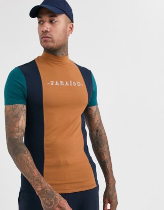 ASOS DESIGN - Eng geschnittenes T-Shirt mit Stehkragen vertikalen Blockstreifen und Druck auf der Brust-Mehrfarbig
