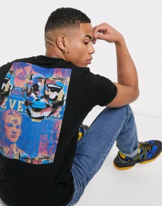 ASOS DESIGN - Eng geschnittenes T-Shirt mit großem Graffiti-Print auf der Rückseite und Rollärmeln-Schwarz