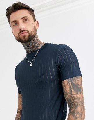 ASOS DESIGN - Eng geschnittenes T-Shirt mit transparenten Streifen in Marine-Navy