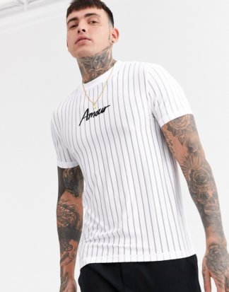 ASOS DESIGN - Enges T-Shirt aus gestreiftem Netzstoff mit Amour-Print auf der Brust-Weiß