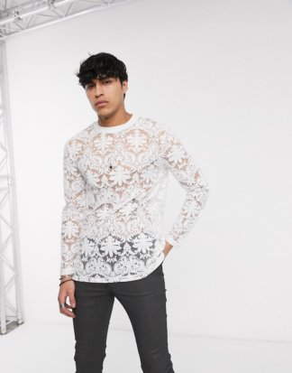 ASOS DESIGN - Festival - Lang gesschnittenes, langärmliges Shirt mit Paisley-Ausbrennermuster in Weiß