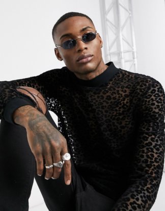 ASOS DESIGN - Festival - Langärmliges Shirt aus Velours mit Stehkragen und Animal-Ausbrennermuster in Schwarz