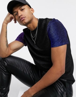 ASOS DESIGN - Festival-T-Shirt in Muskelform aus glitzerndem Material in Schwarz mit kontrastierendem Ärmeln