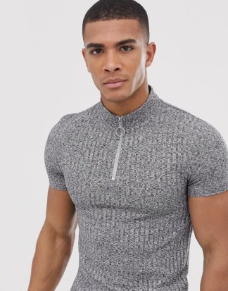 ASOS DESIGN - Geripptes Muskel-T-Shirt mit Stehkragen mit Reißverschluss in Grau