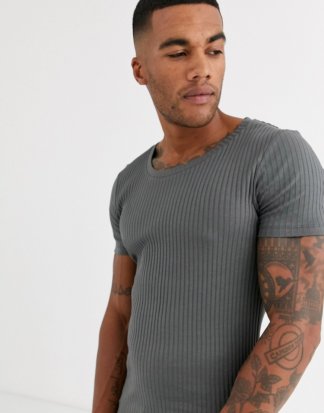ASOS DESIGN - Geripptes Muskel-T-Shirt mit U-Ausschnitt in verwaschenem Schwarz-Grau