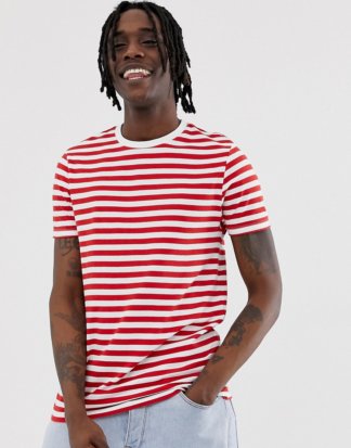 ASOS DESIGN - Gestreiftes T-Shirt aus Bio-Baumwolle in Rot und Weiß-Mehrfarbig