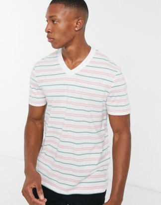 ASOS DESIGN - Gestreiftes T-Shirt aus Bio-Baumwolle mit V-Ausschnitt-Weiß