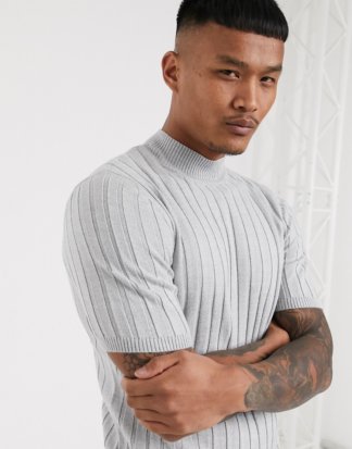 ASOS DESIGN - Grau meliertes, gestricktes Muskel-T-Shirt mit Rippung und Stehkragen