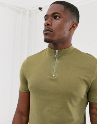 ASOS DESIGN - Grünes T-Shirt aus Bio-Baumwolle mit Reißverschluss und Stehkragen