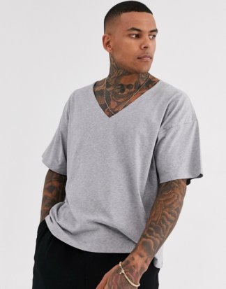 ASOS DESIGN - Kalkgraues Oversize-T-Shirt mit ungesäumtem, tiefem V-Ausschnitt