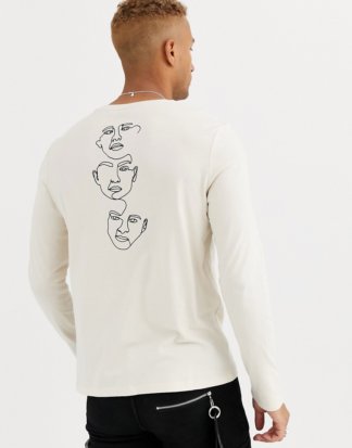 ASOS DESIGN - Lang geschnittenes Shirt mit Gesichtprint am Rücken-Beige