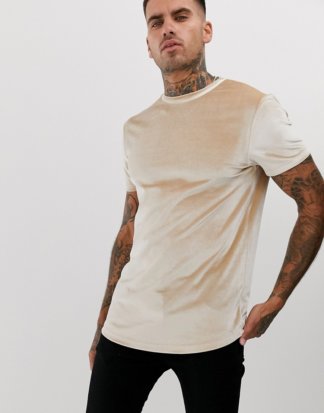 ASOS DESIGN - Lang geschnittenes Velours-T-Shirt in Beige