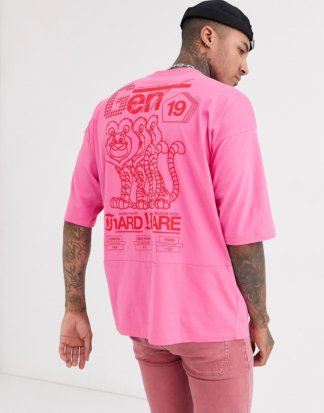 ASOS DESIGN - Langes Oversize-T-Shirt mit aufgedrucktem Text hinten und Saumdetail-Rosa