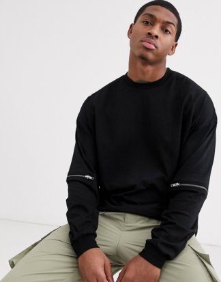 ASOS DESIGN - Langes, langärmliges Oversize-Shirt mit Reißverschluss am Ellbogen, schwarz