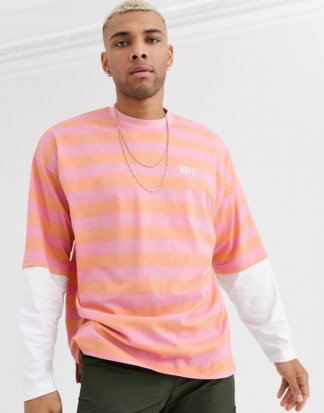 ASOS DESIGN - Langes, langärmliges Oversize-Shirt mit Streifen, doppellagigen Ärmeln und Stickerei-Mehrfarbig