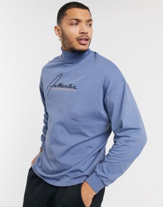 ASOS DESIGN - Langärmliges Oversize-Shirt mit Rollkragen und Stickerei auf der Brust-Blau