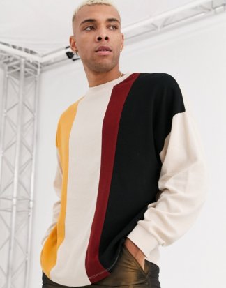 ASOS DESIGN - Langärmliges Oversize-T-Shirt aus schwerem Waffelgewebe mit Farbblockdesign-Mehrfarbig