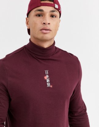 ASOS DESIGN - Langärmliges Shirt aus Bio-Baumwolle mit japanischen Schriftzeichen und Rollkragen-Violett