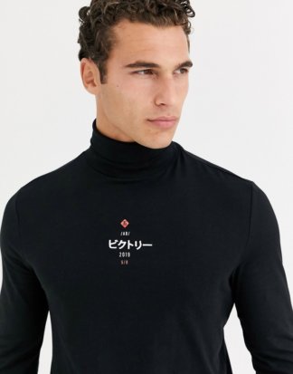 ASOS DESIGN - Langärmliges Shirt mit Rollkragen und kleinem Logo auf der Brust-Schwarz