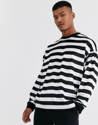 ASOS DESIGN - Langärmliges, gestreiftes und übergroßes T-Shirt aus Velours-Schwarz