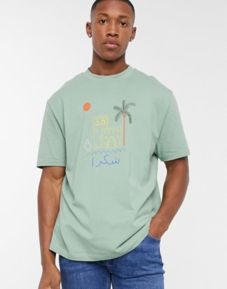ASOS DESIGN - Legeres T-Shirt aus Bio-Baumwolle mit Landschaftsbild-Grün
