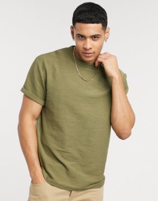 ASOS DESIGN - Legeres T-Shirt mit Rollärmeln aus schwerem Noppenstoff-Grün