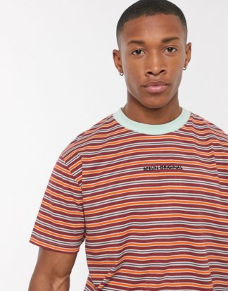 ASOS DESIGN - Legeres, gestreiftes T-Shirt mit kleiner Stickerei auf der Vorderseite und farblich abgesetztem Ausschnitt-Mehrfarbig