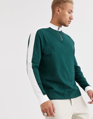 ASOS DESIGN - Legeres, langärmliges Shirt aus Bio-Baumwolle mit kontrastierendem Schultereinsatz und Stehkragen mit Reißverschluss in Grün