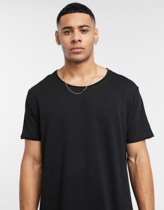 ASOS DESIGN - Locker geschnittenes, ungesäumtes T-Shirt in Schwarz mit U-Ausschnitt