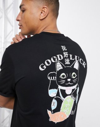 ASOS DESIGN - Lässiges T-shirt mit Glücksbringer-Katzen-Print und Rollärmeln, in Schwarz