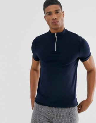 ASOS DESIGN - Marineblaues Muskel-T-Shirt aus Bio-Baumwolle mit Stehkragen und Reißverschluss-Navy