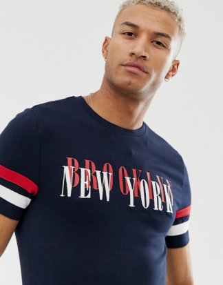 ASOS DESIGN - Muskel-T-Shirt aus Bio-Baumwolle mit Blockstreifen an den Ärmeln und Print auf der Brust-Navy