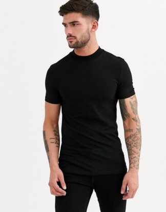 ASOS DESIGN - Muskel-T-Shirt aus Jersey mit Stehkragen in Schwarz