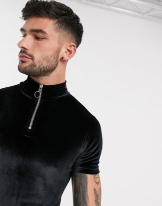 ASOS DESIGN - Muskel-T-Shirt aus schwarzem Velours mit Rollkragen und Reißverschluss