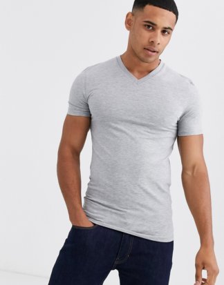 ASOS DESIGN - Muskel-T-Shirt mit V-Ausschnitt in Kalkgrau