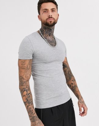 ASOS DESIGN - Muskel-T-Shirt mit tiefem V-Ausschnitt in Kalkgrau