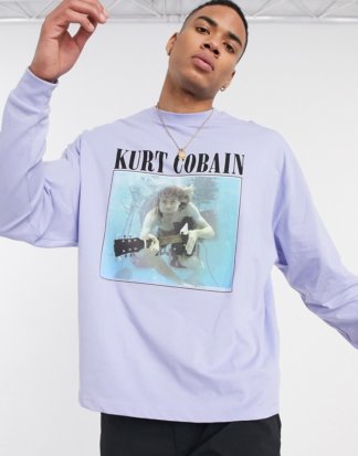 ASOS DESIGN - Nivarna - Langärmliges Oversize-T-Shirt mit Kurt Cobain-Fotoaufdruck-Violett